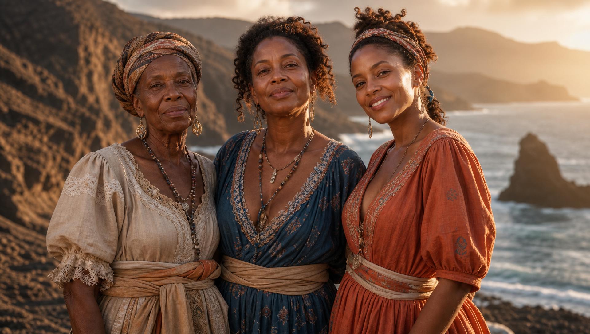 Three generations of Cape Verdean women on a rocky coastline at golden hour