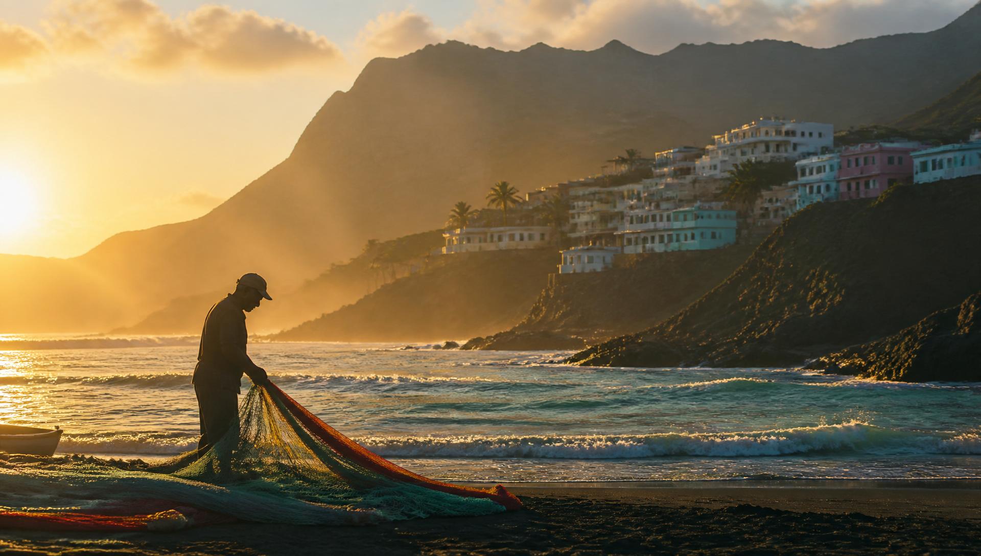 A fisherman pulls colorful nets on a black-sand Cape Verde beach at golden hour, with pastel Creole houses climbing a volcanic cliff in the distance.